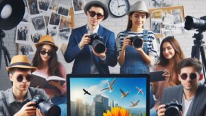 Группа людей стоит в офисе с фотоаппаратами в руках. Фотография фотографов