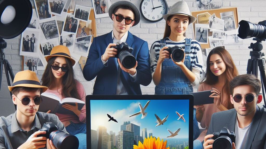 Группа людей стоит в офисе с фотоаппаратами в руках. Фотография фотографов