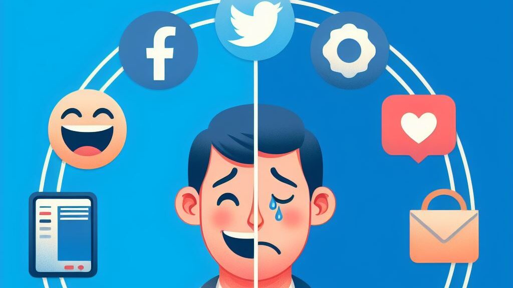 Картинка разделена на 2 части. На одной стороне веселый человек, а на другой грустный. Логотипы социальных сетей